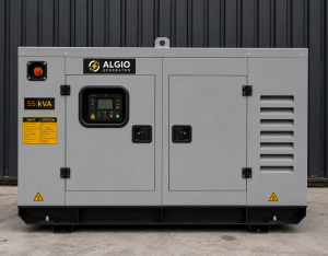 ALGIO 55 kVA უხმაურო დიზელის გენერატორი, წინა ხედი, ხმის იზოლაციის კარკასით