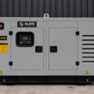 ALGIO 44 kVA უხმაურო დიზელის გენერატორი, წინა ხედი, ხმის იზოლაციის კარკასით